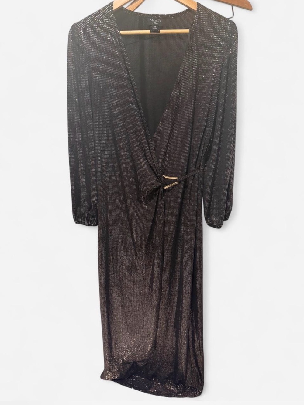 Alexa B Black Metallic Wrap Midi Dress with Tie Waist